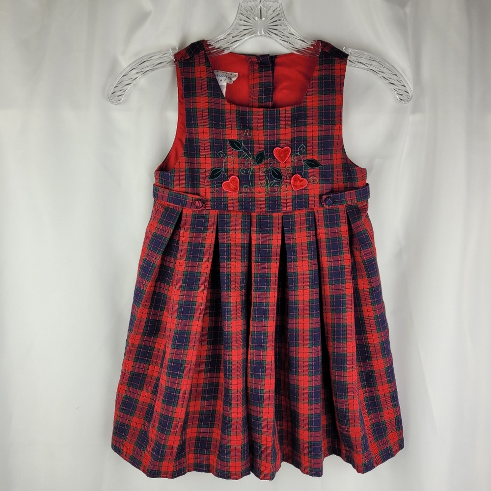 Samara Vintage Red Green Blue Plaid Hearts Pleated Jumper Dress Girls Size 5